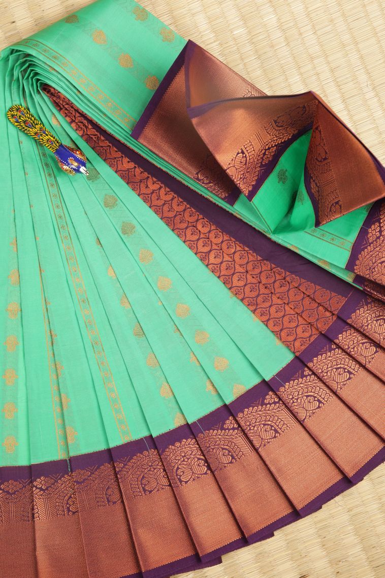 Mint Green Visiri Madippu Silk Sarees with Copper Zari Stripes view 1