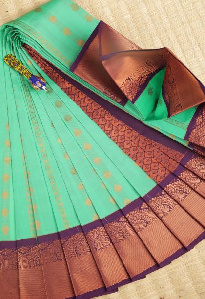 Mint Green Visiri Madippu Silk Sarees with Copper Zari Stripes