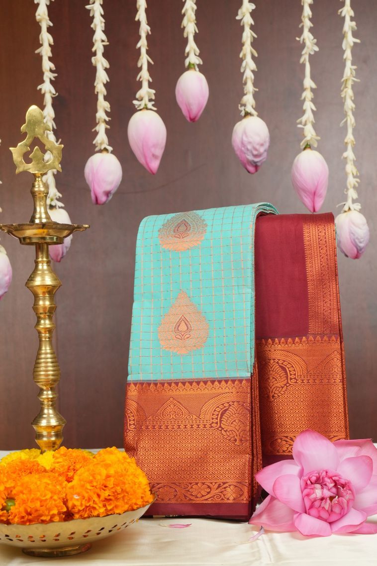 Arctic Blue Visiri Madippu Silk Sarees with Copper Zari Checks view 1