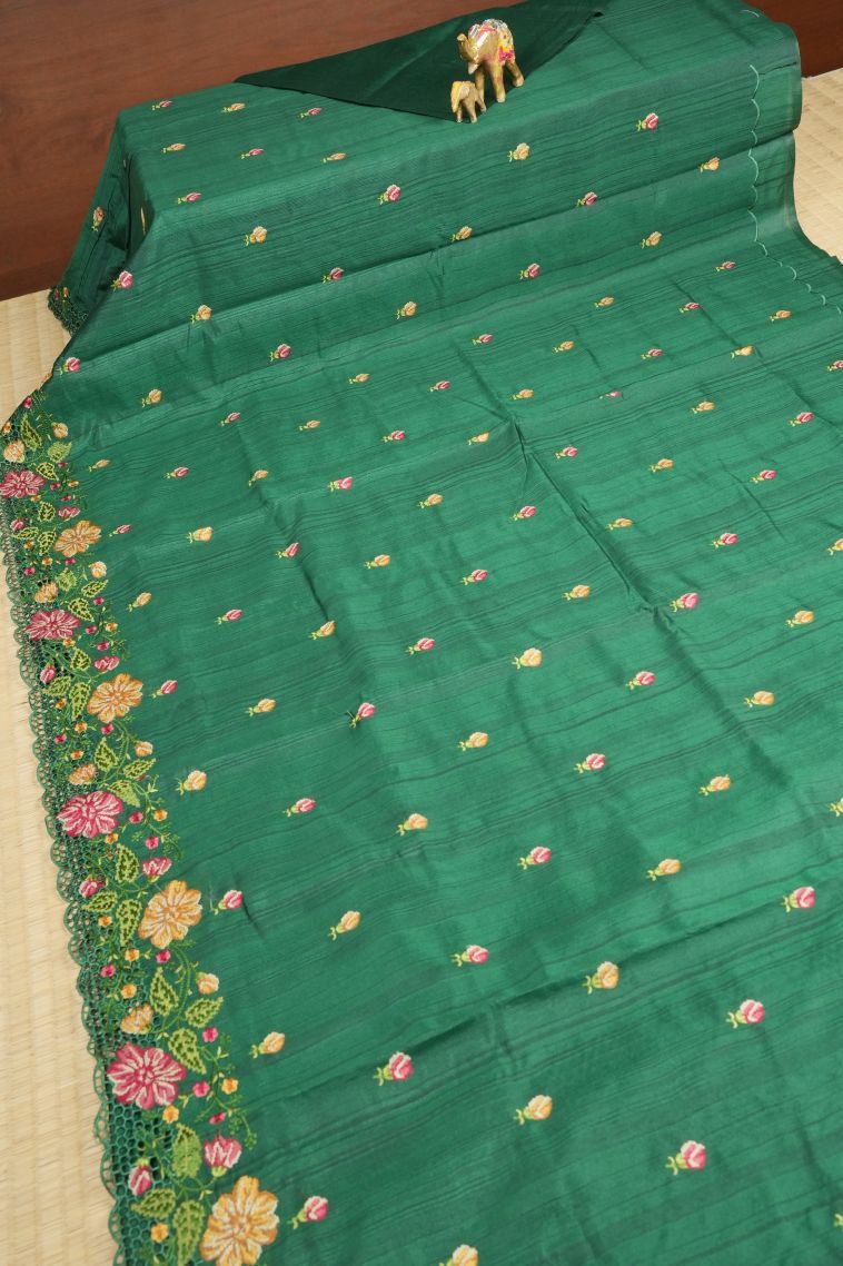 Basil Green Tussar Saree with Without Zari Zari Buttis (small Dots Or Motifs) view 2