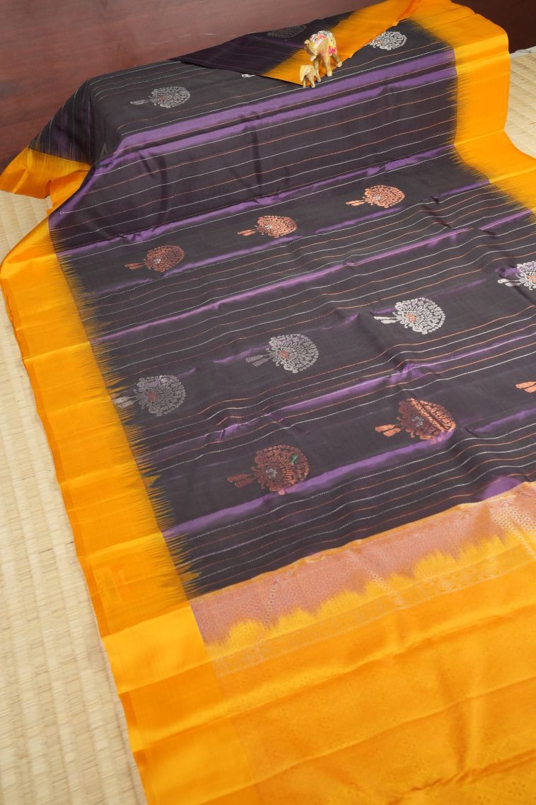 Bosenberry Purple Soft Silk Saree with Silver Zari Stripes view 2