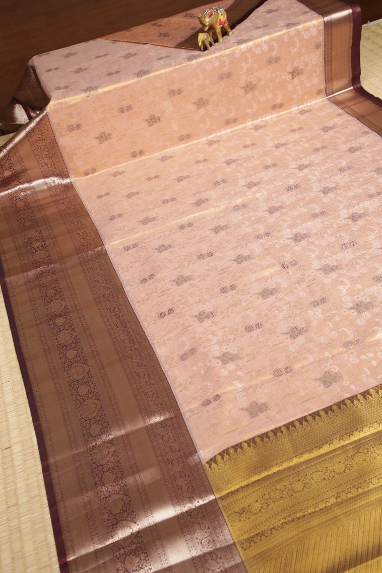 Peach Pink Tissue Silk Sarees with Silver Zari Floral Patterns view 2