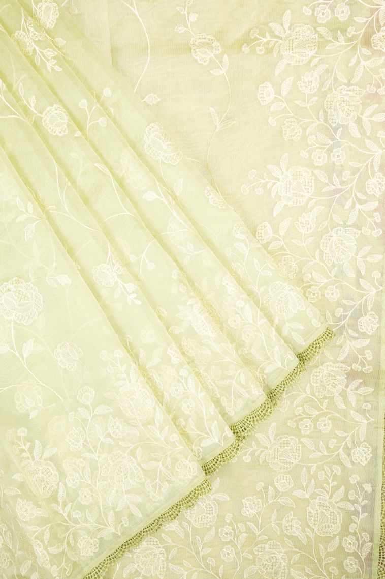 Juniper Green Organza Saree with Without Zari Zari Floral Patterns view 1
