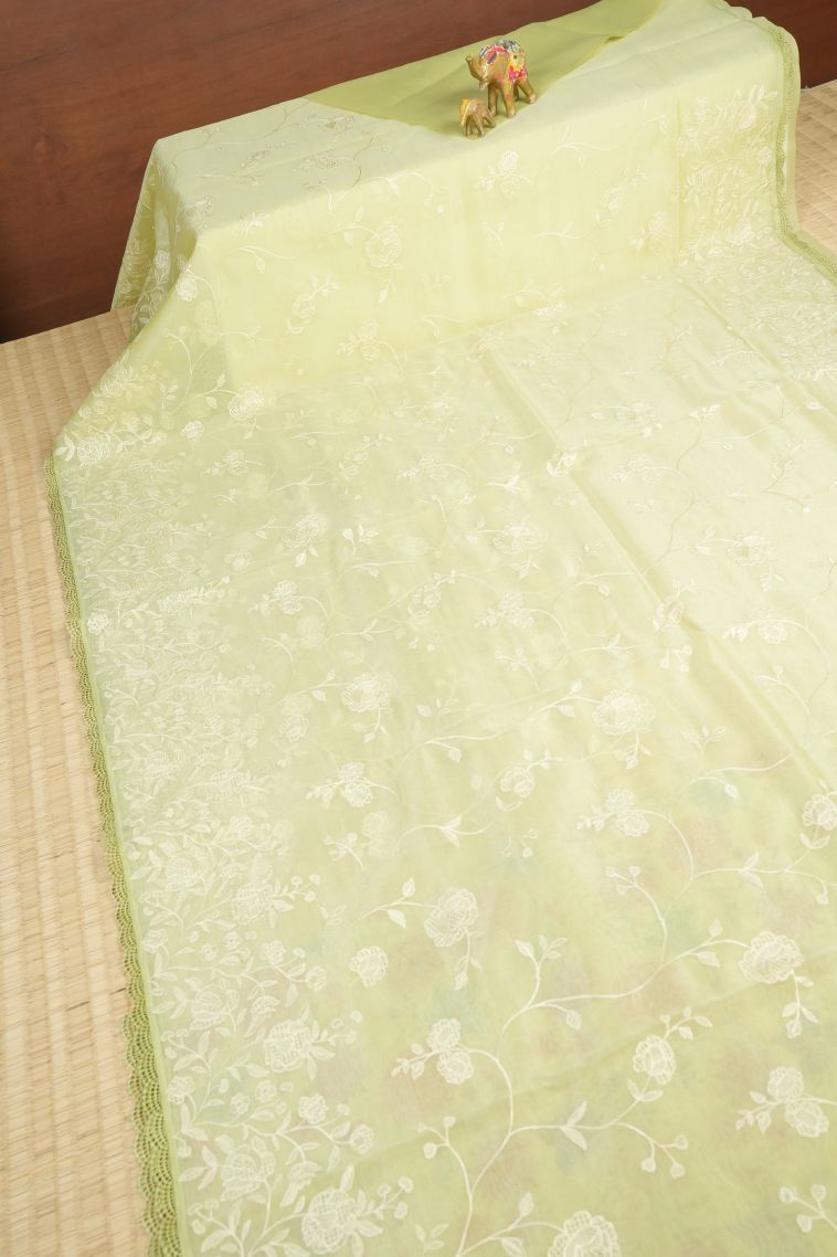 Juniper Green Organza Saree with Without Zari Zari Floral Patterns view 2