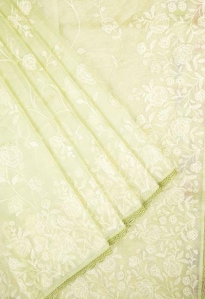 Juniper Green Organza Saree with Without Zari Zari Floral Patterns