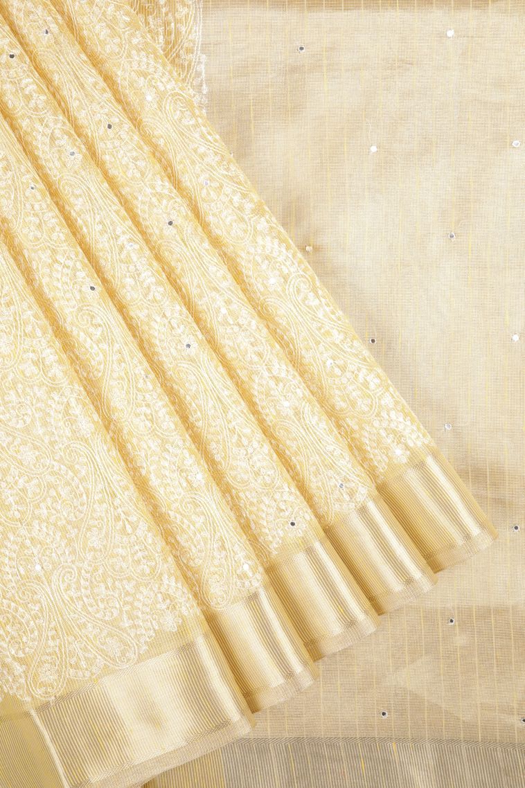 Cream White Organza Saree with Without Zari Zari Floral Patterns view 1