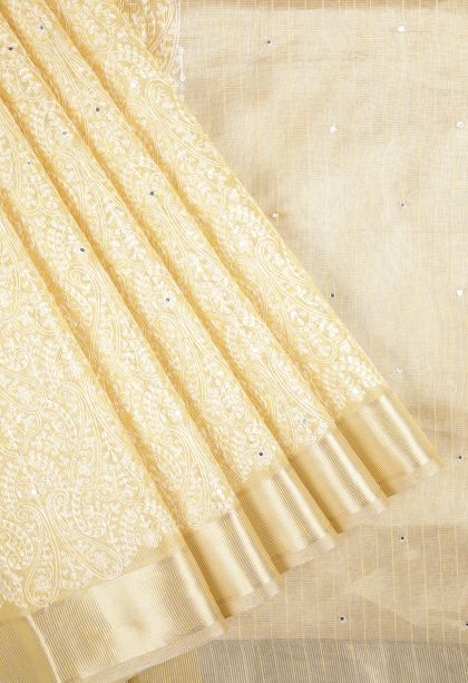 Cream White Organza Saree with Without Zari Zari Floral Patterns