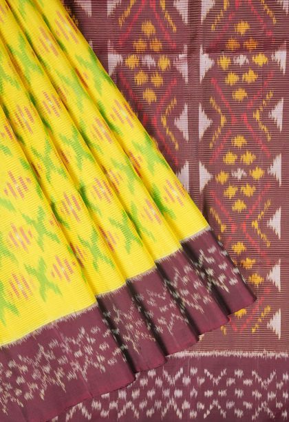 Lemon Yellow Soft Silk Saree with Gold Zari Ikkat