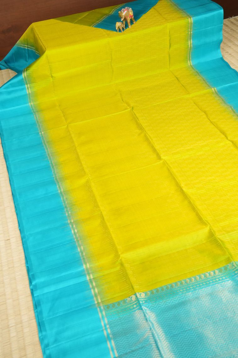 Lime Green Soft Silk Saree with Gold Zari Stripes view 2