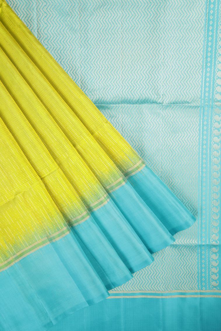 Lime Green Soft Silk Saree with Gold Zari Stripes view 1