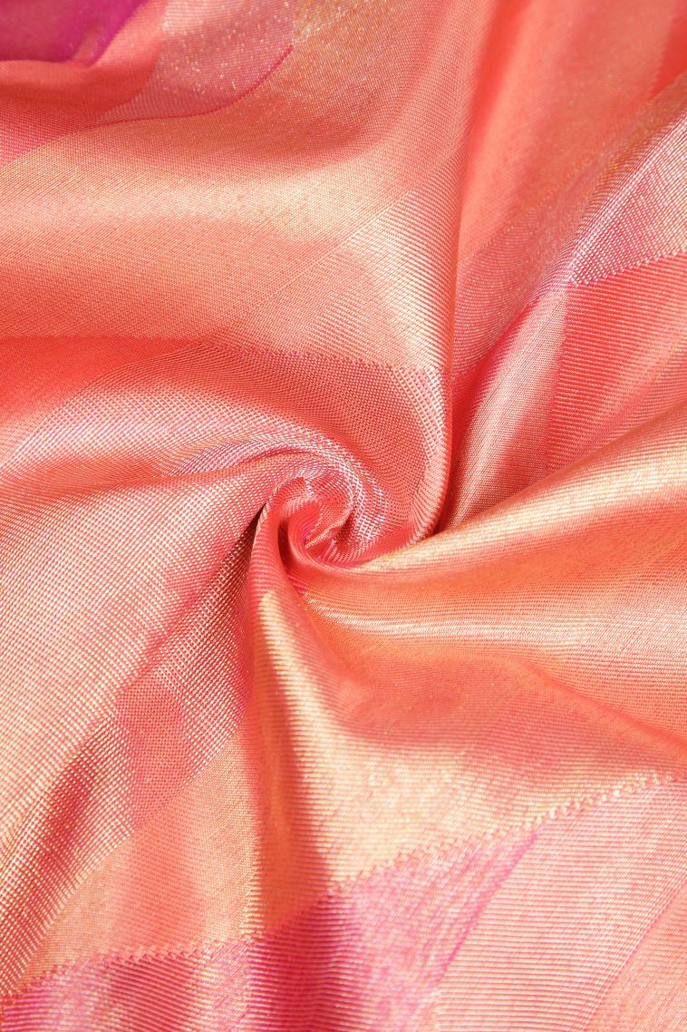 Coral Pink Kanchipuram Silk Sarees with Gold Zari Geometric Shapes view 4