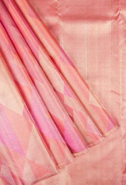 Coral Pink Kanchipuram Silk Sarees with Gold Zari Geometric Shapes