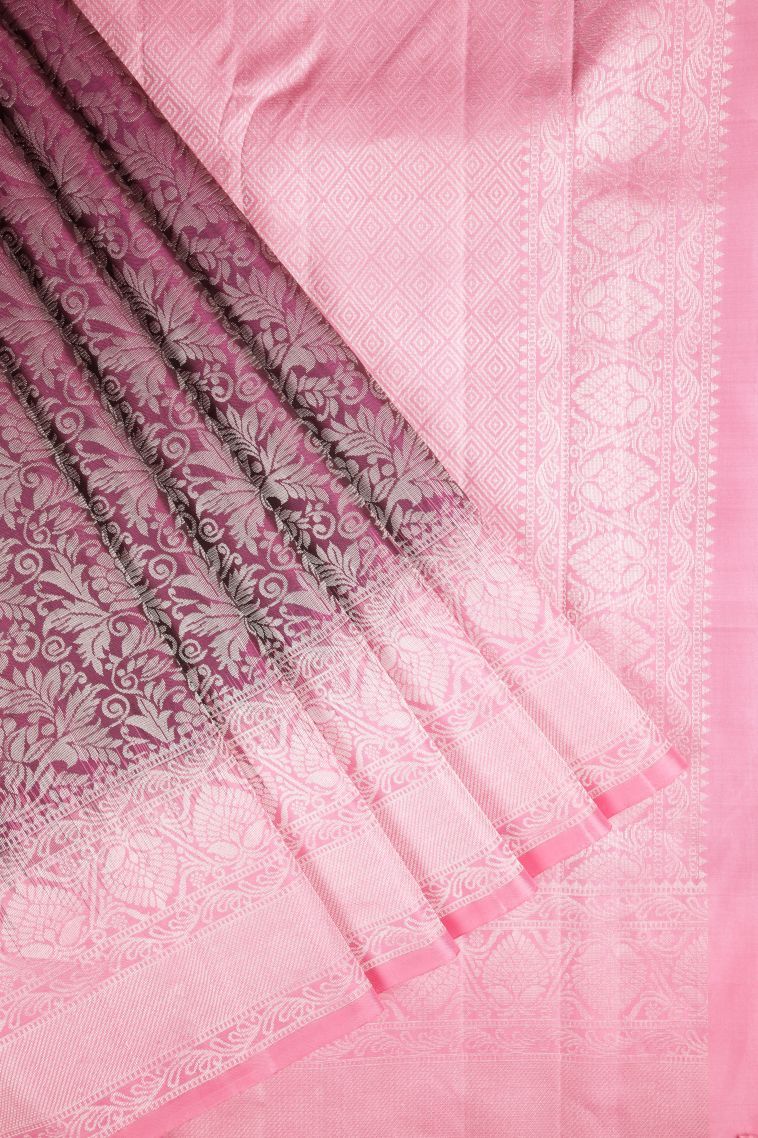 Magenta Purple Soft Silk Saree with Silver Zari Floral Patterns view 1