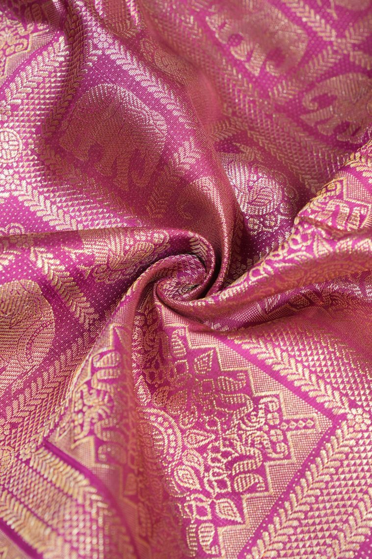 Magenta Purple Kanchipuram Silk Sarees with Gold Zari Floral Patterns view 4