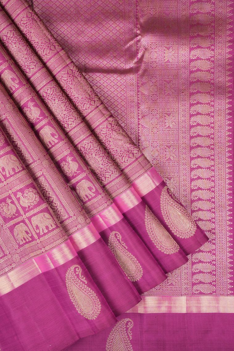 Magenta Purple Kanchipuram Silk Sarees with Gold Zari Floral Patterns view 1