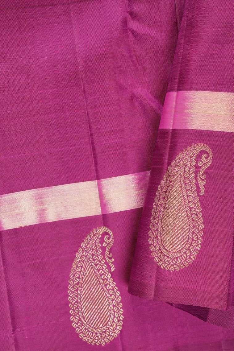 Magenta Purple Kanchipuram Silk Sarees with Gold Zari Floral Patterns view 3