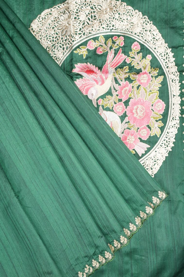 Basil Green Tussar Saree with Without Zari Zari Plain view 1