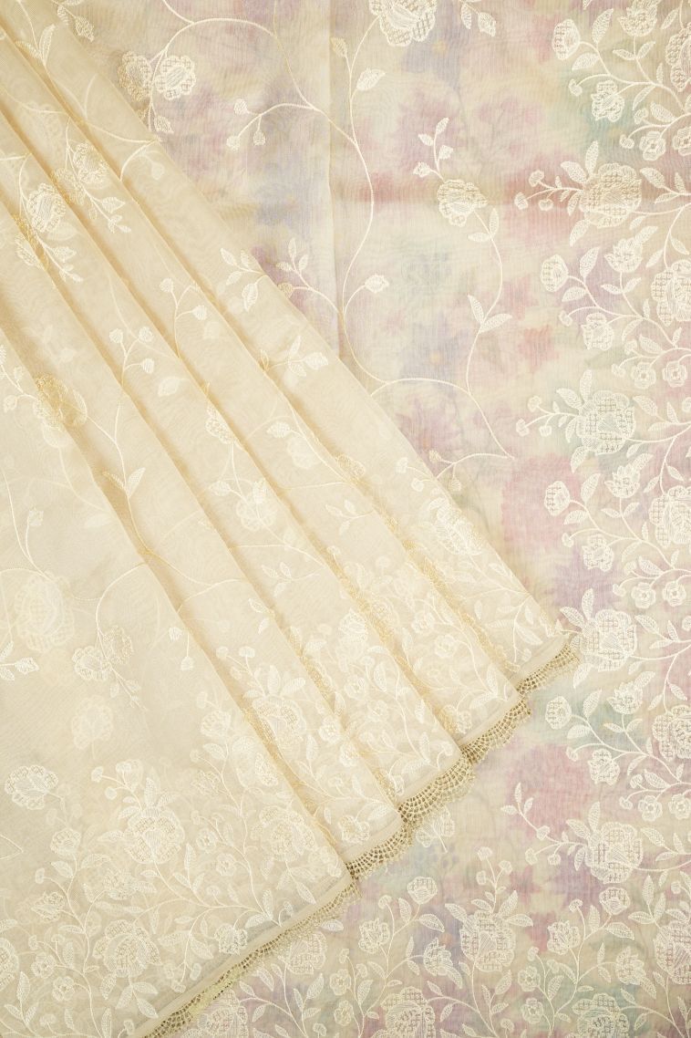 Cream White Organza Saree with Without Zari Zari Floral Patterns view 1