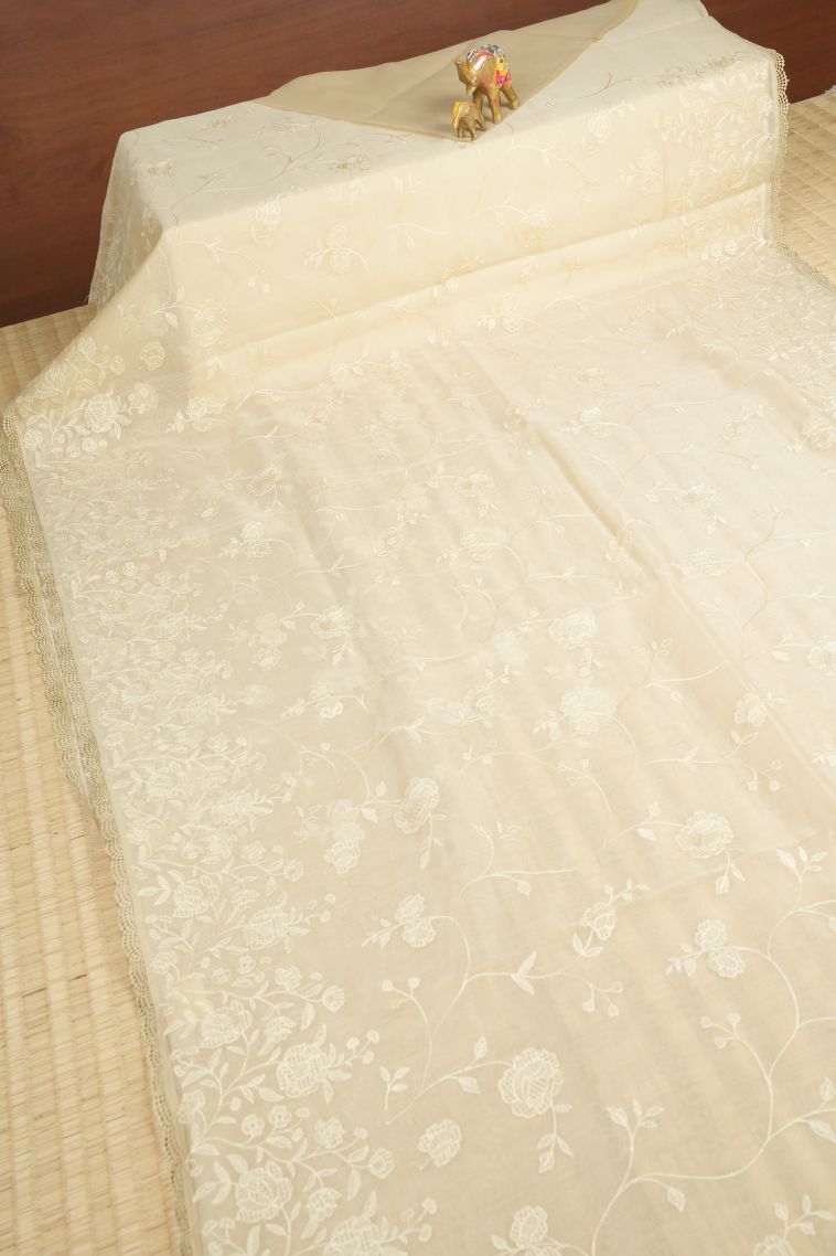 Cream White Organza Saree with Without Zari Zari Floral Patterns view 2
