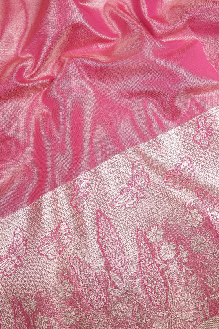 Gold Tissue Silk Sarees with Silver Zari Floral Patterns view 3