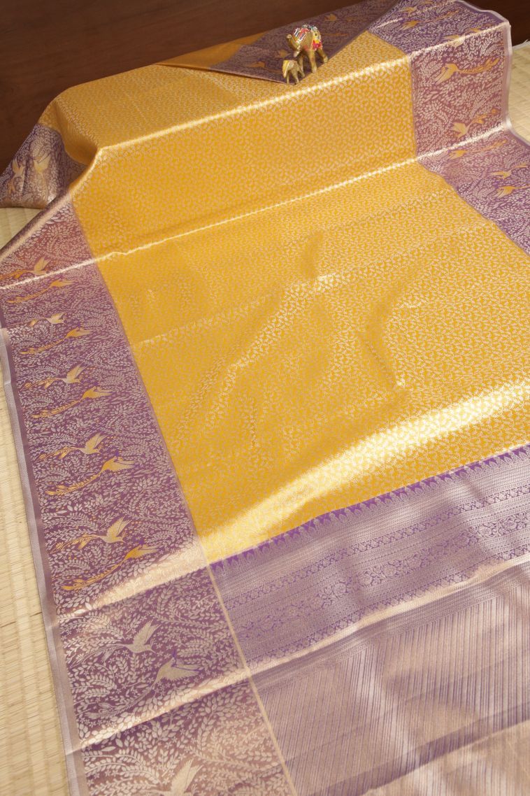 Lemon Yellow Tissue Silk Sarees with Silver Zari Floral Patterns view 2