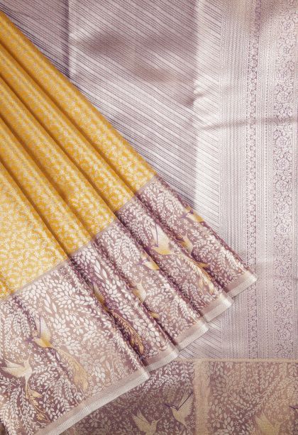 Lemon Yellow Tissue Silk Sarees with Silver Zari Floral Patterns