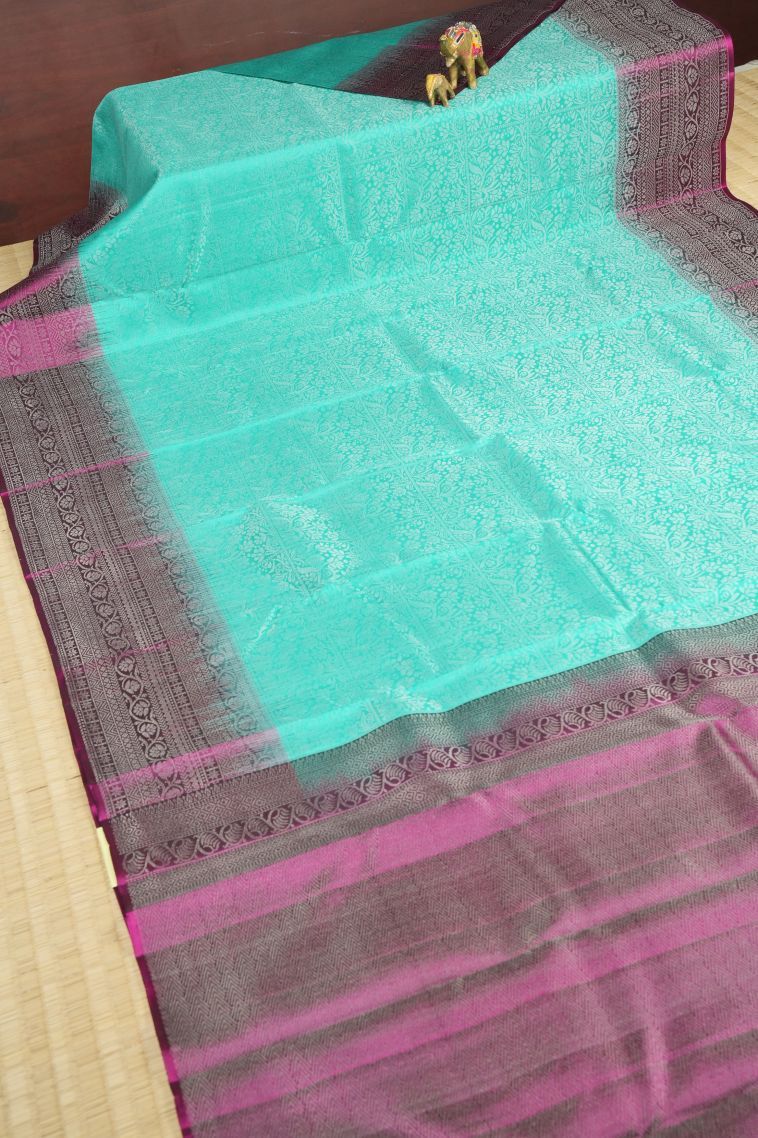 Arctic Blue Soft Silk Saree with Silver Zari Floral Patterns view 2