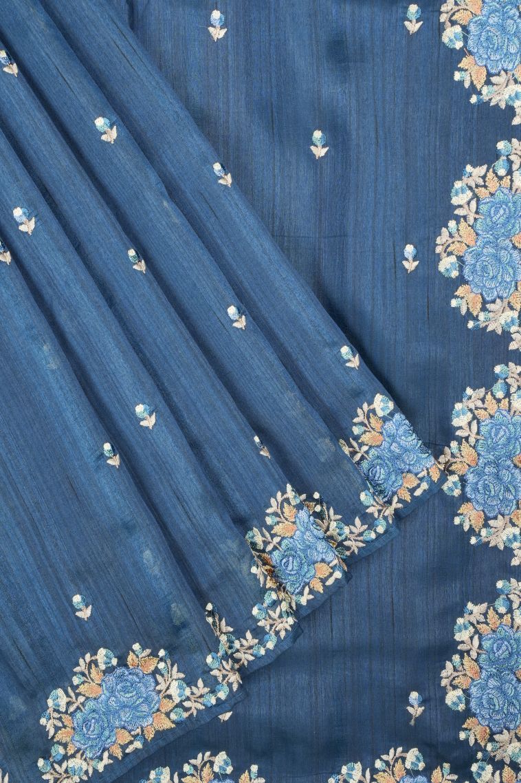 Aegean Blue Tussar Saree with Without Zari Zari Buttis (small Dots Or Motifs) view 1