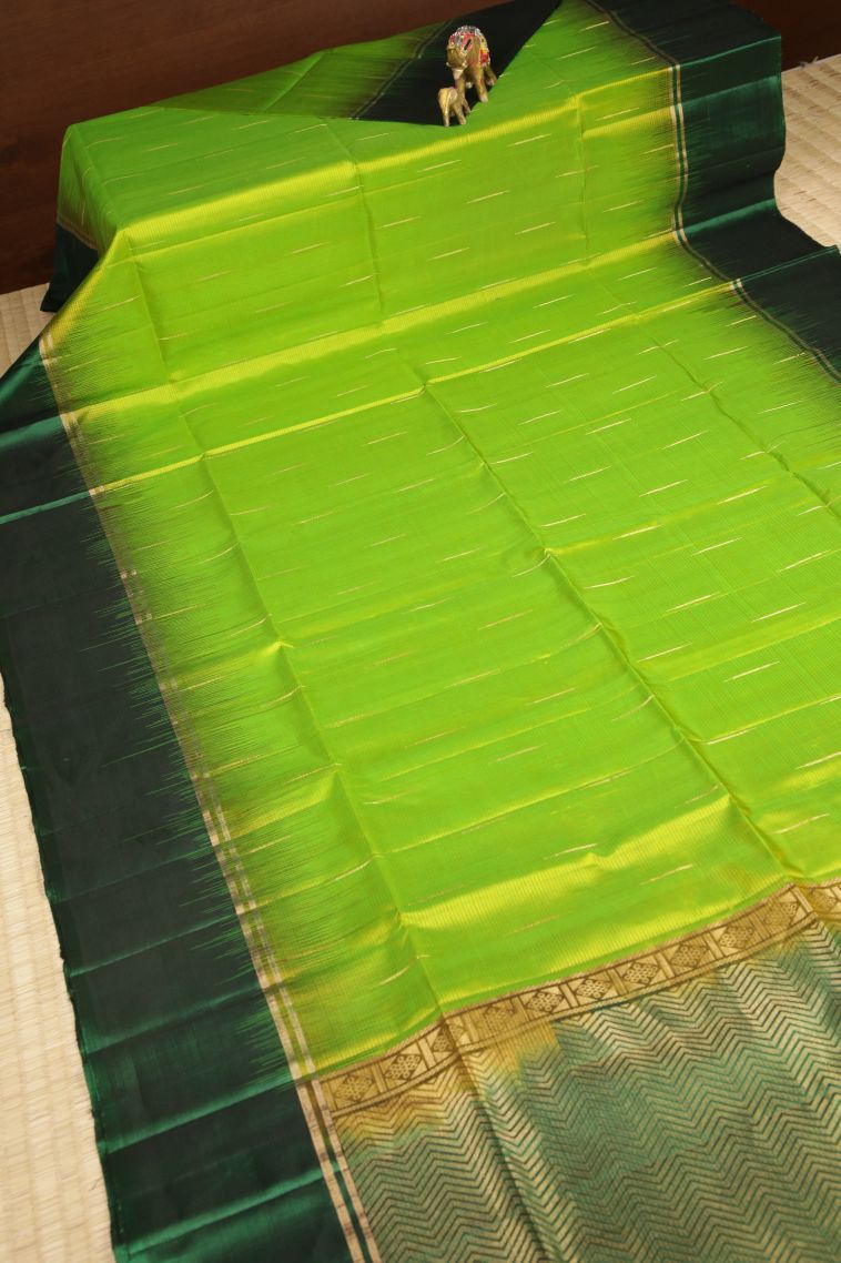 Chartreuse Green Soft Silk Saree with Gold Zari Stripes view 2