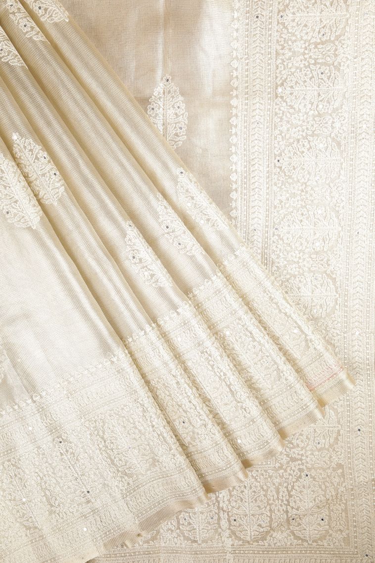 Gold Organza Saree with Without Zari Zari Floral Patterns view 1