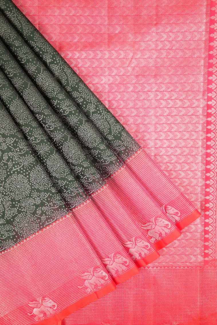 Bottle Green Soft Silk Saree with Silver Zari Floral Patterns view 1