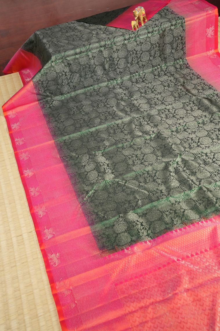 Bottle Green Soft Silk Saree with Silver Zari Floral Patterns view 2