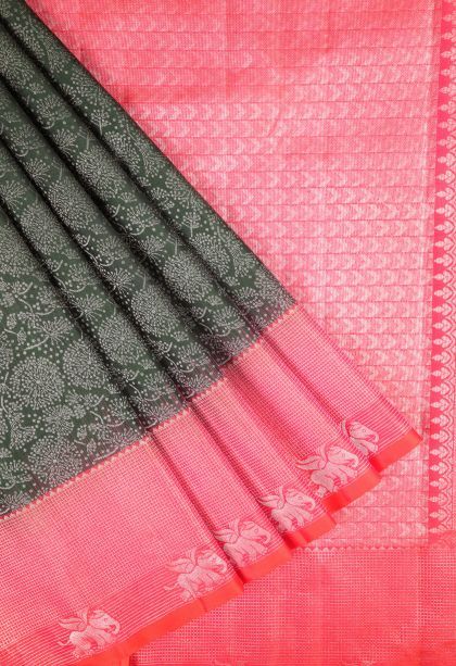 Bottle Green Soft Silk Saree with Silver Zari Floral Patterns