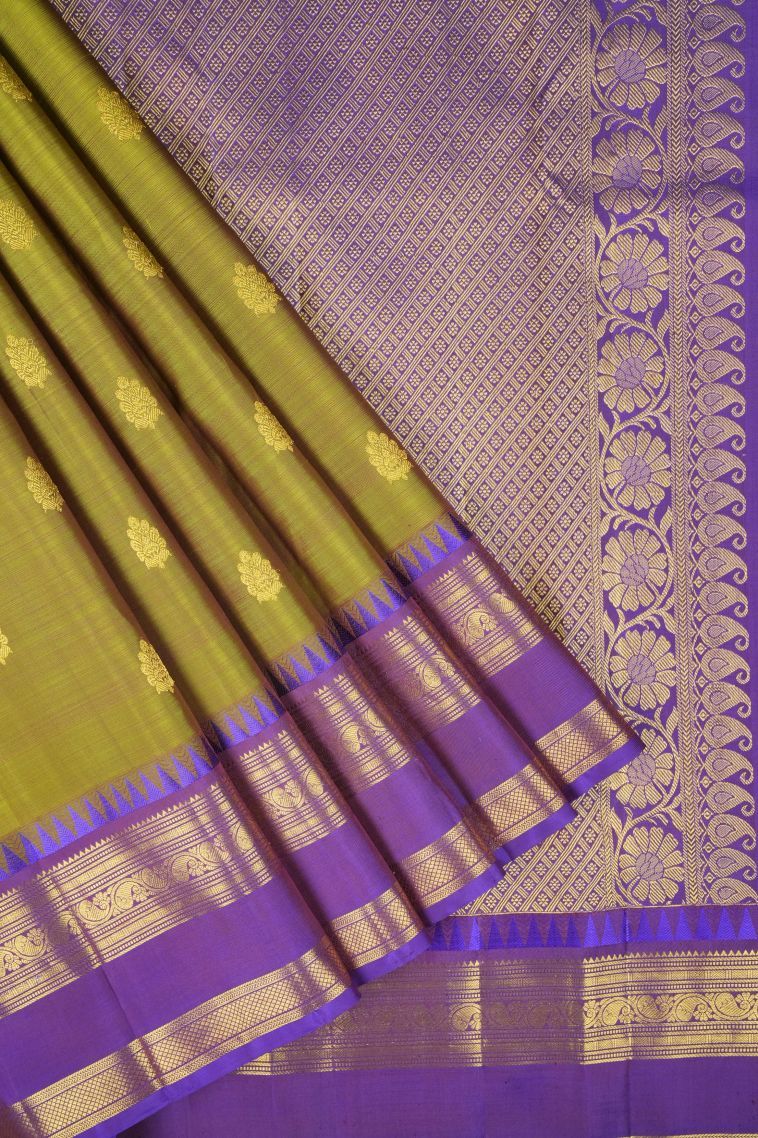 Paris Green Kanchipuram Silk Sarees with Gold Zari Buttis (small Dots Or Motifs) view 1