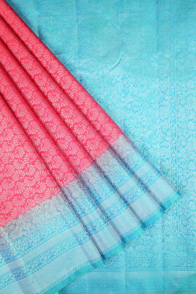 Punch Pink Soft Silk Saree with Silver Zari Floral Patterns view 1