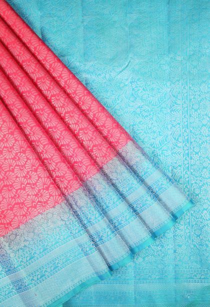 Punch Pink Soft Silk Saree with Silver Zari Floral Patterns