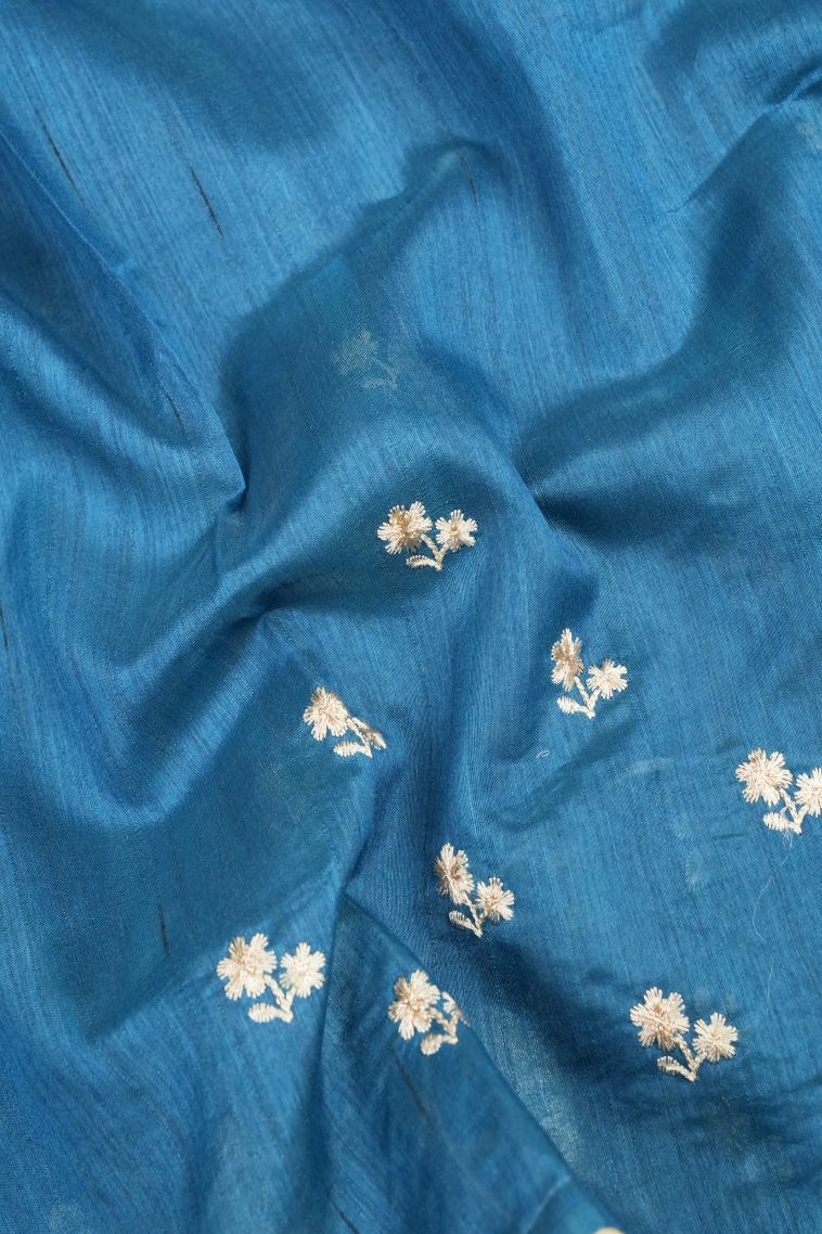 Cobalt Blue Tussar Saree with Without Zari Zari Buttis (small Dots Or Motifs) view 3