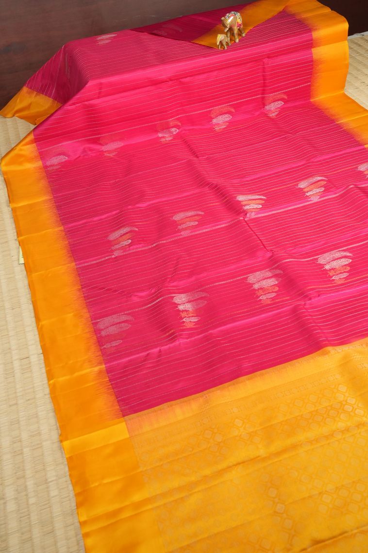 Hot Pink Soft Silk Saree with Silver Zari Stripes view 2