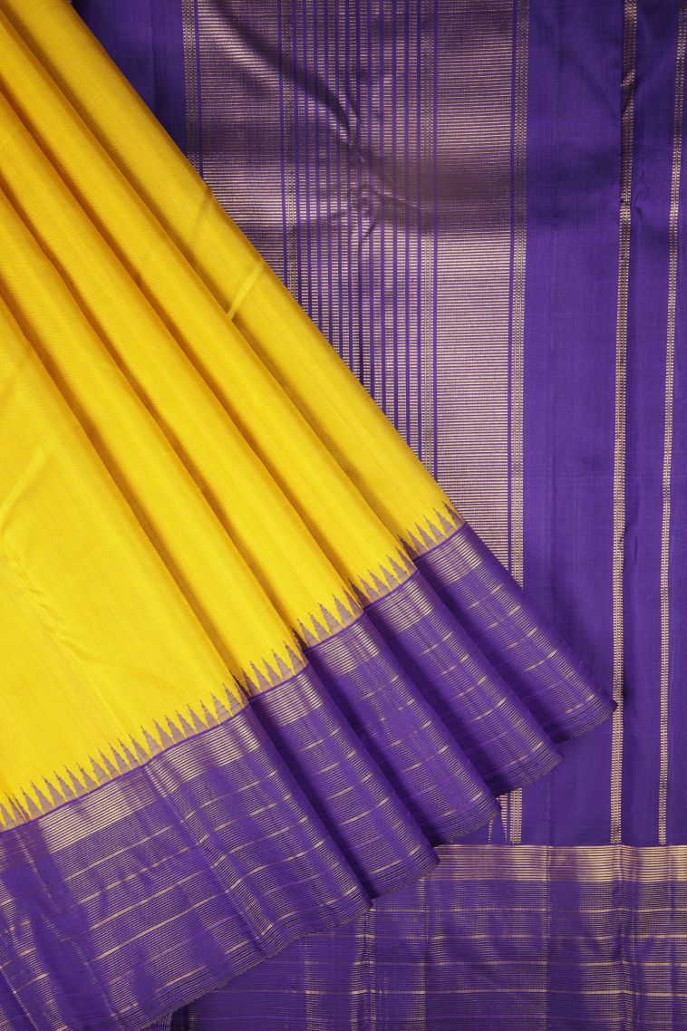 Lemon Yellow Kanchipuram Silk Sarees with Without Zari Zari Plain view 1