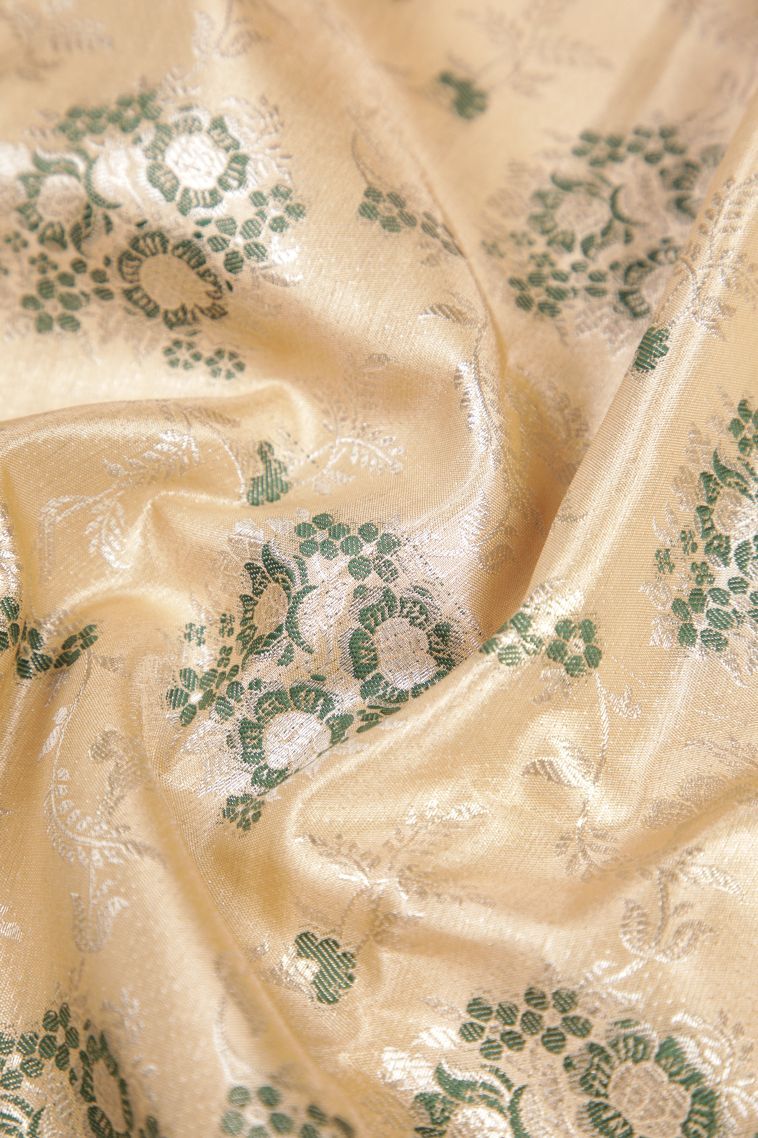 Cream White Tissue Silk Sarees with Silver Zari Floral Patterns view 4