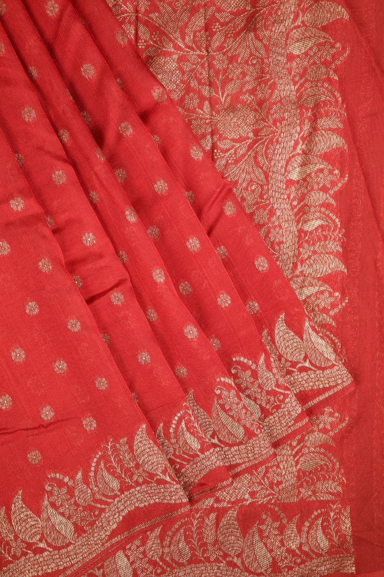 Candy Red Banaras Sarees with Copper Zari Buttis (small Dots Or Motifs) view 1