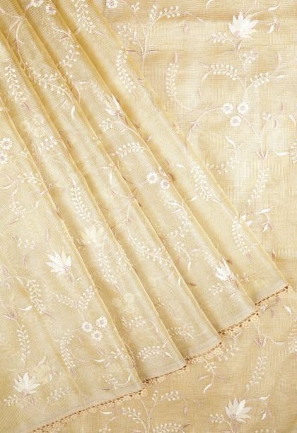 Beige Yellow Organza Saree with Without Zari Zari Floral Patterns