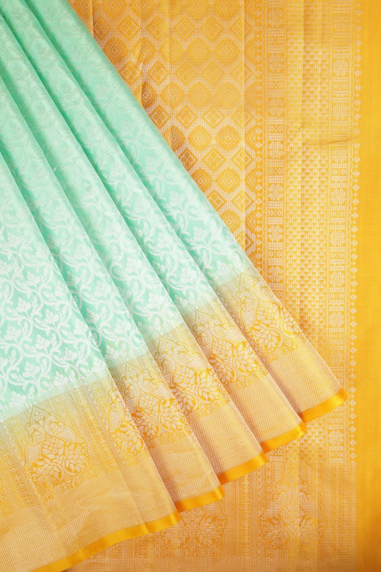 Lime Green Soft Silk Saree with Silver Zari Floral Patterns view 1