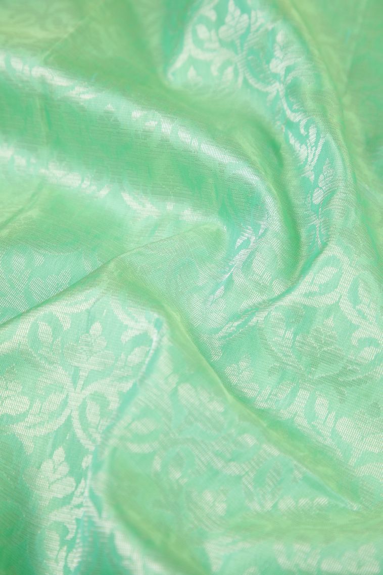 Lime Green Soft Silk Saree with Silver Zari Floral Patterns view 4