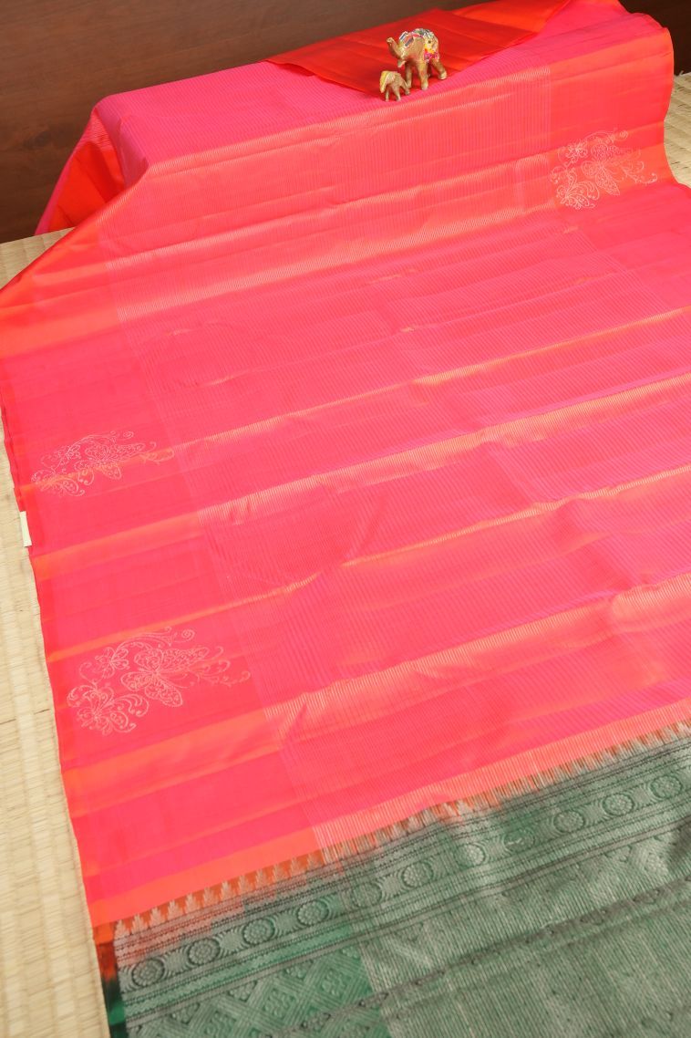 Fuscia Pink Soft Silk Saree with Silver Zari Stripes view 2