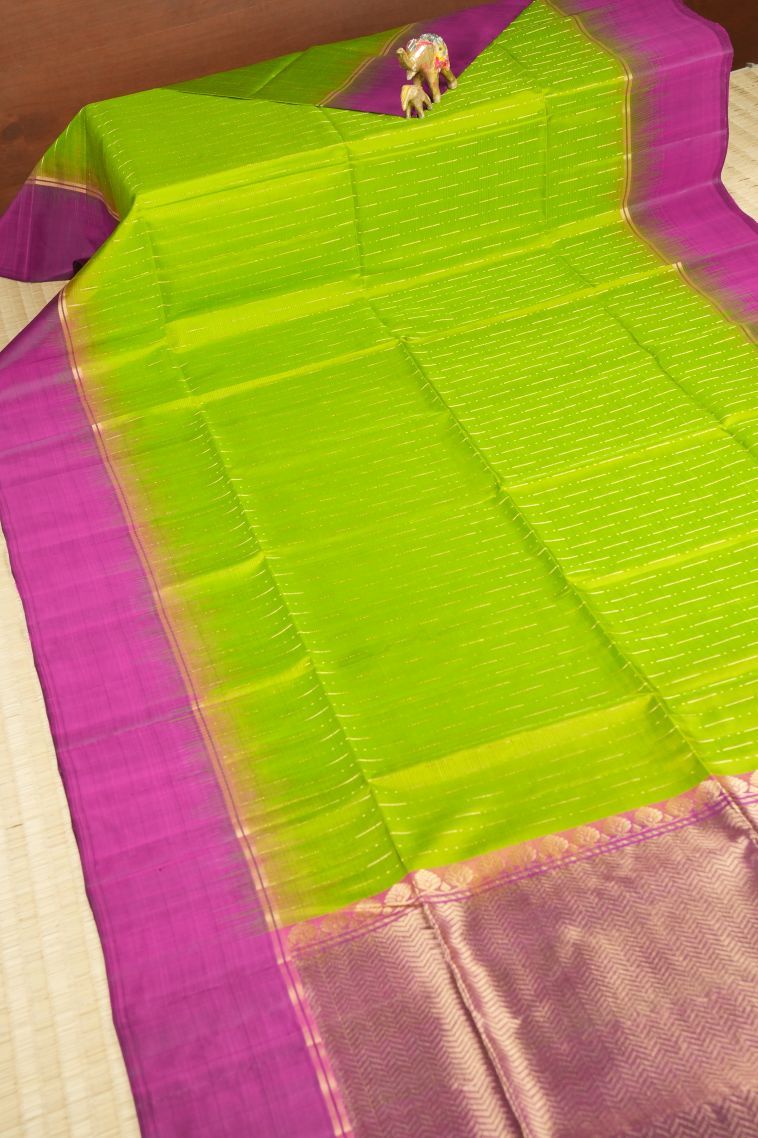 Lime Green Soft Silk Saree with Silver Zari Stripes view 2