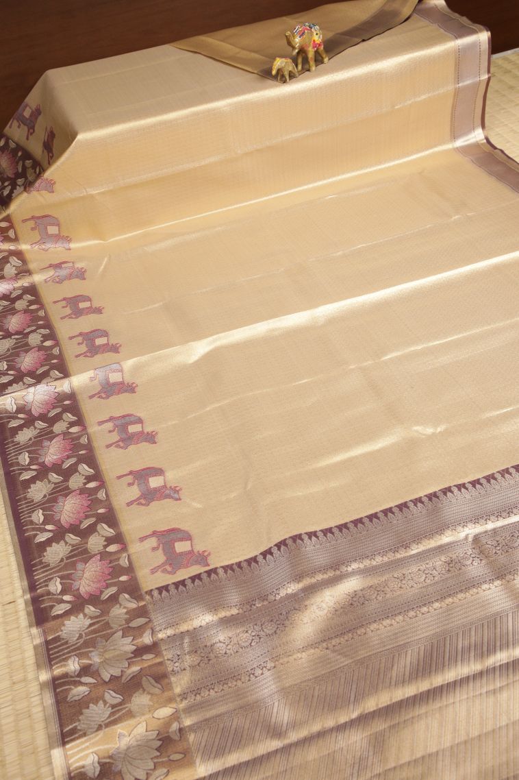 Gold Tissue Silk Sarees with Silver Zari Floral Patterns view 2
