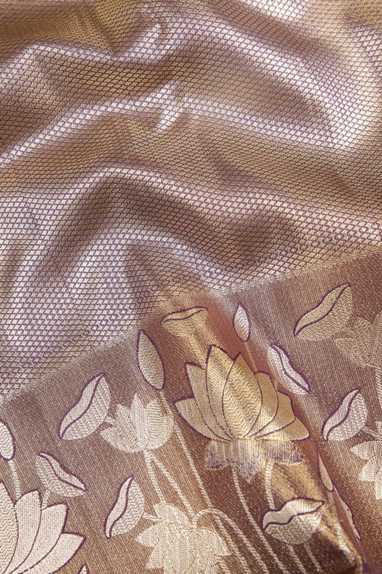 Gold Tissue Silk Sarees with Silver Zari Floral Patterns view 3