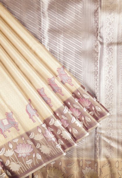 Gold Tissue Silk Sarees with Silver Zari Floral Patterns