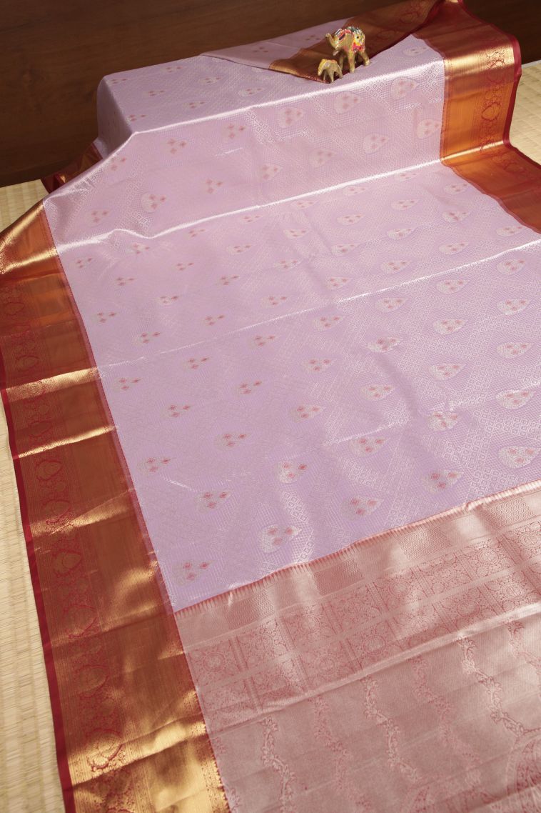 Lavender Purple Tissue Silk Sarees with Silver Zari Floral Patterns view 2